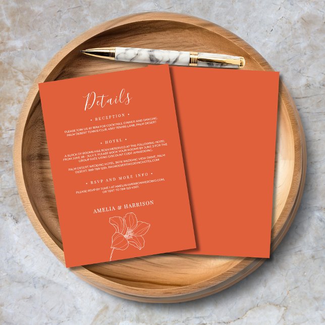 Verona Sunset Elegant Orange Floral Wedding Detail Enclosure Card (Verona Sunset Elegant Orange Floral Wedding Detail Enclosure Card with Line Art Flowers.)