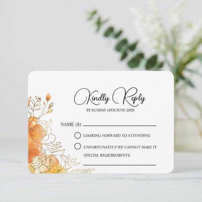 Verona Sunset Gold Watercolor Floral Wedding RSVP Card (Standing Front)