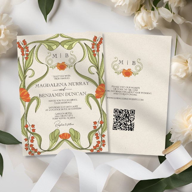 Verona Sunset Orange Art Nouveau Floral Wedding Invitation (Creator Uploaded)