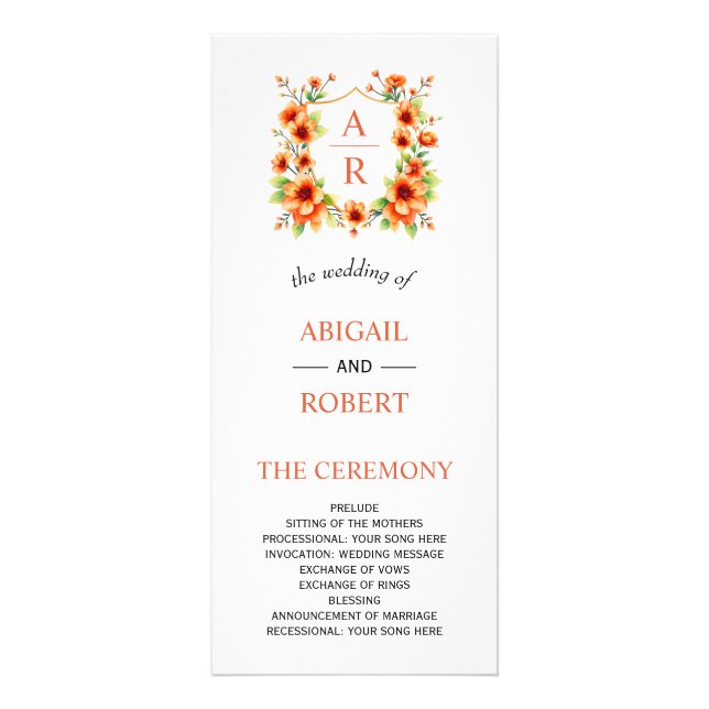Verona sunset orange floral crest wedding program rack card (Front)