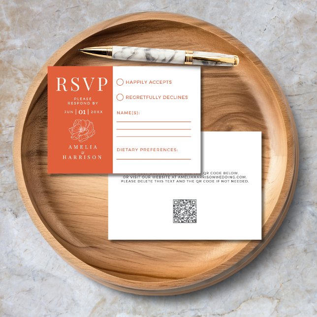 Verona Sunset Orange Floral Elegant Wedding RSVP Card (Verona Sunset Orange Floral Line Art Elegant Wedding RSVP Card with QR Code, Dietary Preferences.)