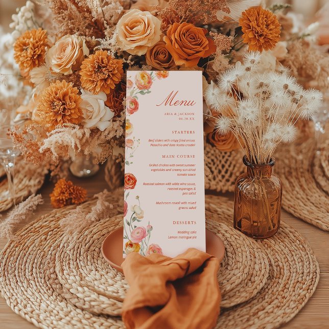 Verona Sunset Orange Floral Wedding Flat Menu (Creator Uploaded)