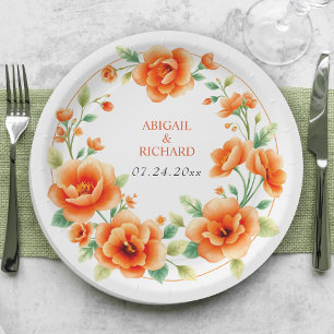 Verona sunset orange round floral frame wedding paper plate