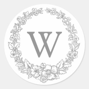 Versailles Grey Classic Floral Wreath Monogram Classic Round Sticker