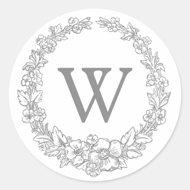 Versailles Grey | Classic Floral Wreath Monogram Round Sticker (Front)