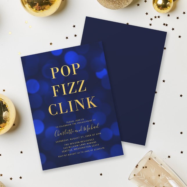 Versatile Blue Bokeh Gold Pop Fizz Clink Party Invitation (Creator Uploaded)