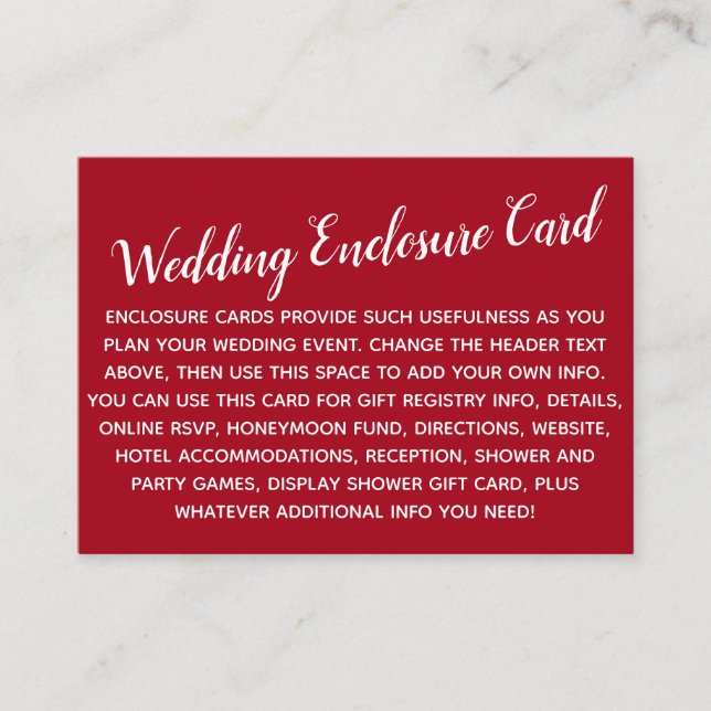 Versatile Custom Simple DIY Wedding Bright Red Enclosure Card (Front)