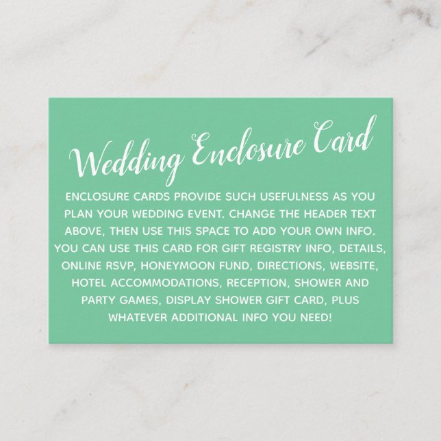 Versatile Custom Simple DIY Wedding Seafoam Green Enclosure Card (Front)