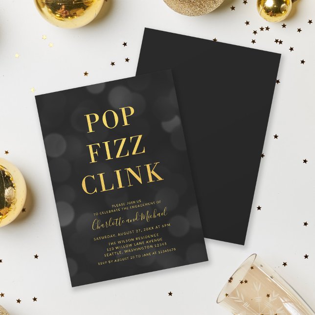 Versatile Dark Bokeh Gold Pop Fizz Clink Party Invitation (Creator Uploaded)