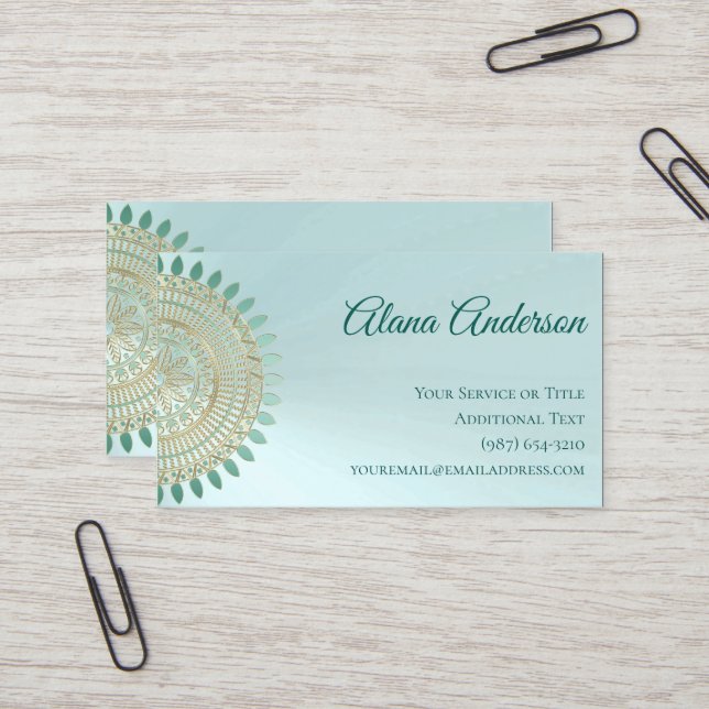 Versatile Mint Green and Gold Mandala Business Card (Front/Back In Situ)
