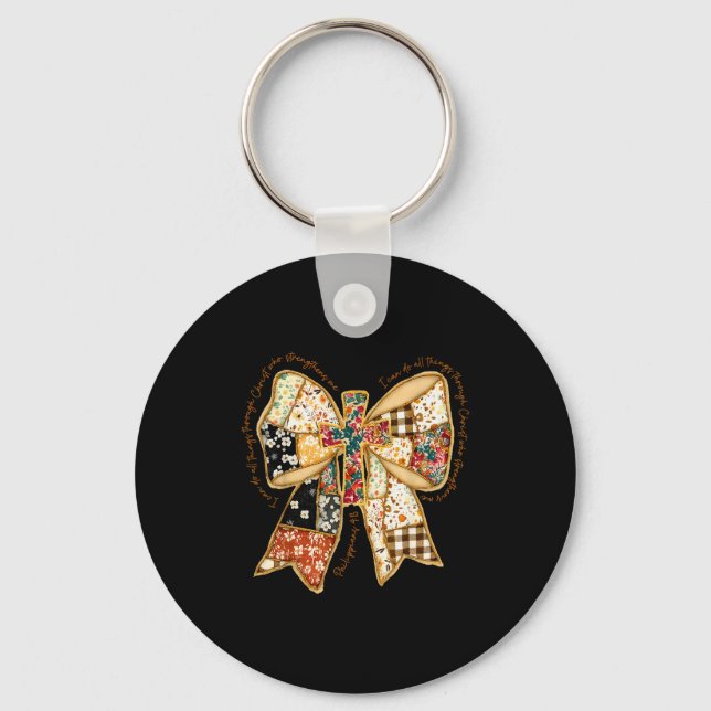 Verse Bible Coquette Christian Jesus Bow Patchwork Key Ring (Front)