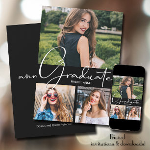 Vertical 3 Photo Black Graduation Announcement