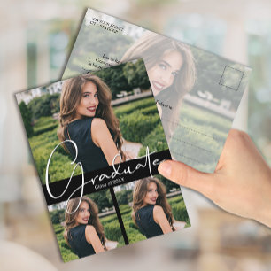 Vertical 4 Photo Black Graduation Party Invitation Postcard