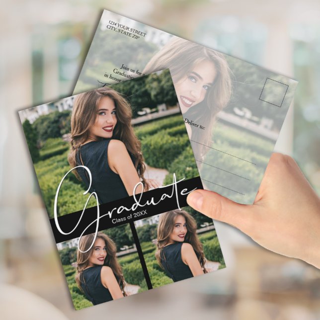 Vertical 4 Photo Black Graduation Party Invitation Postcard (Creator Uploaded)