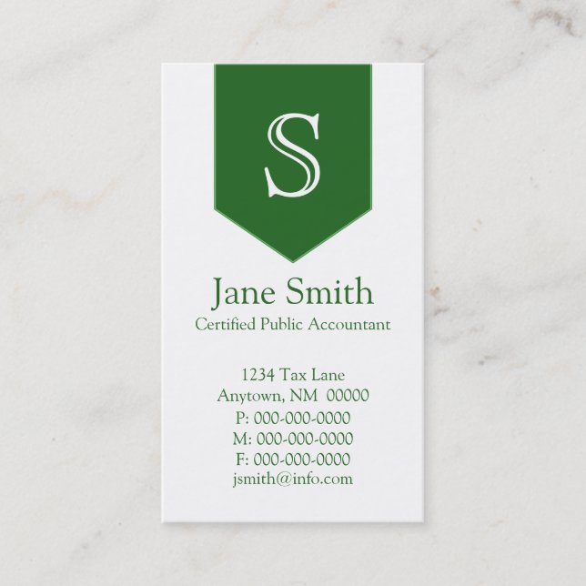 Vertical Arrow Monogram Business Card, Green Card (Front)