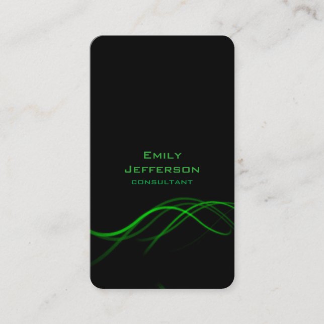 Vertical Artistic Black Green Curves Unique Design Business Card (Front)