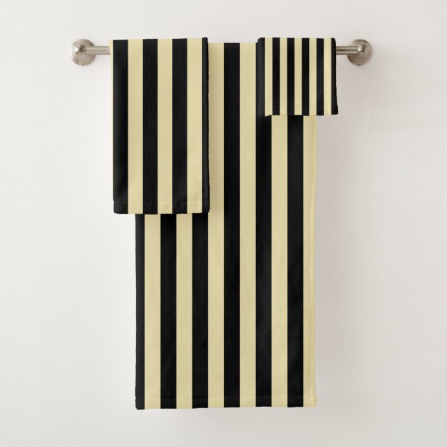 Vertical Beige and Black Stripes Bath Towel Set (Insitu)