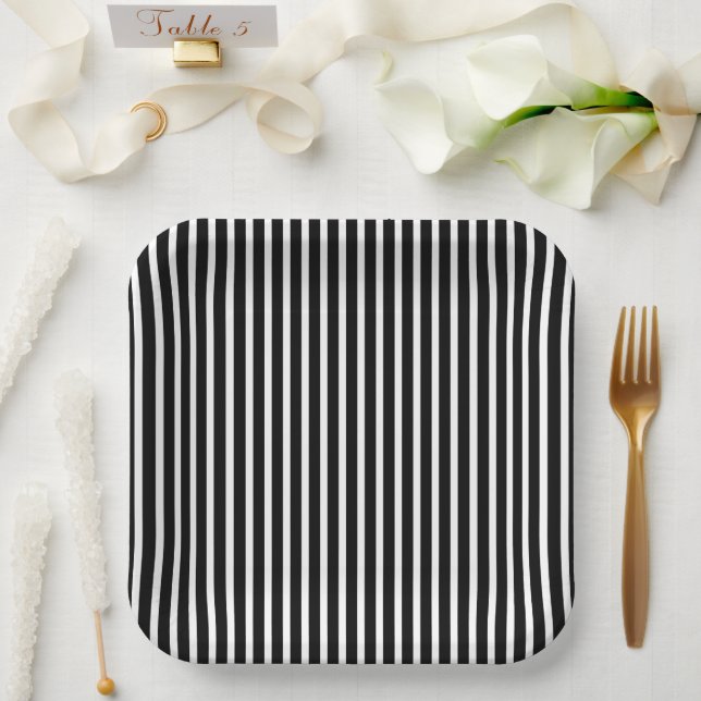 Vertical Black and White Stripes Paper Plate (Wedding)