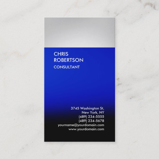 Vertical Black Blue Grey Stripe Business Card (Front)