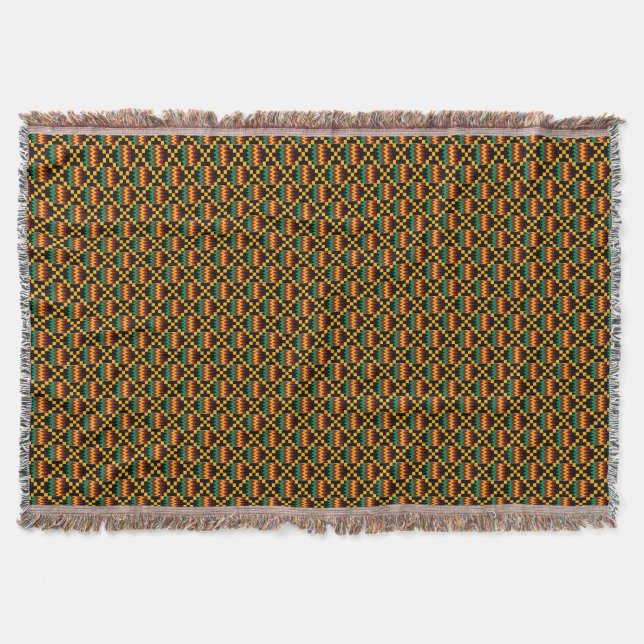 Vertical Black, Green, Red, Yellow Kente Cloth Throw Blanket (Front)