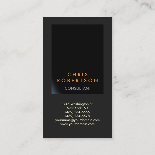 Vertical Black Grey Consultant Business Card (Front)