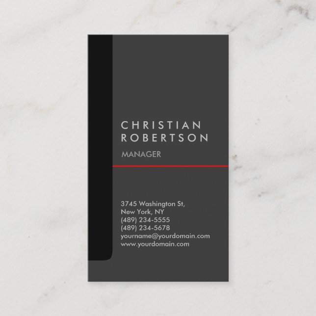 Vertical black grey red trendy business card (Front)