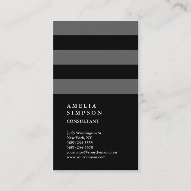 Vertical Black Grey Striped Trendy Consultant Business Card (Front)