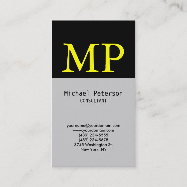 Vertical Black Grey Yellow Monogram Business Card (Front)
