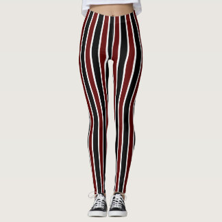Vertical Black Maroon White Stripes Decor on Leggings