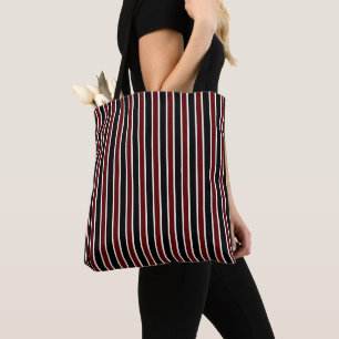 Vertical Black Maroon White Stripes Decor on Tote Bag