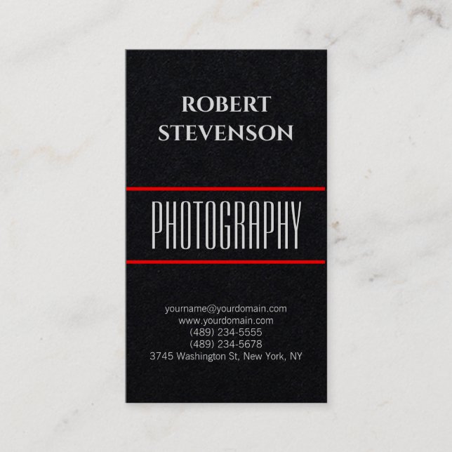Vertical Black Photo Artist Modern Minimalist Business Card (Front)
