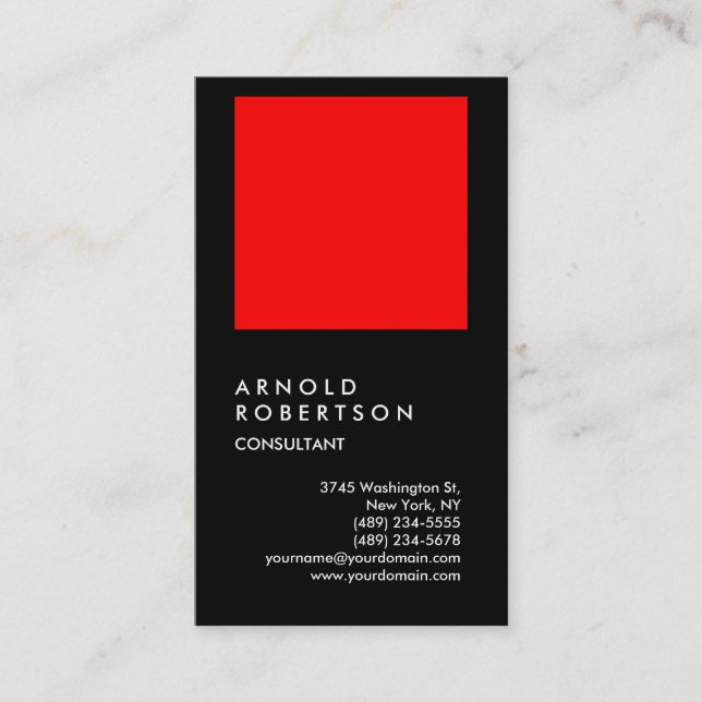 Vertical Black Red Chic Consultant Business Card (Front)