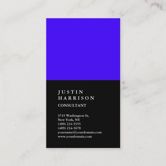 Vertical Black Ultramarine Blue Striped Trendy Business Card (Front)