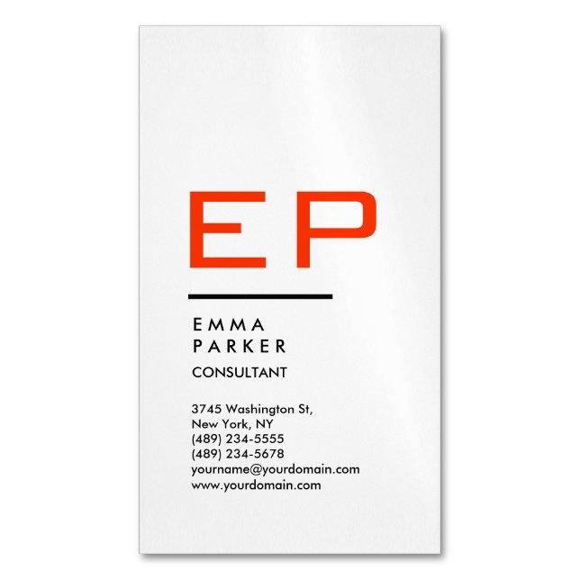 Vertical Black White Border Trendy Red Monogram Magnetic Business Card (Front Vertical)