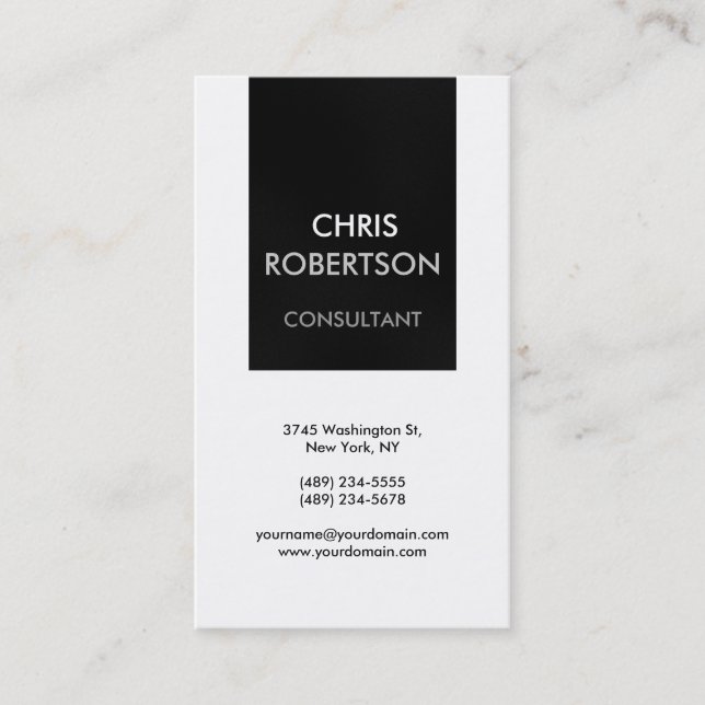Vertical Black White Grey Attractive Business Card (Front)