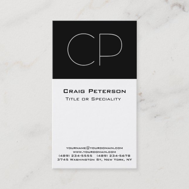Vertical Black White Monogram Business Card (Front)
