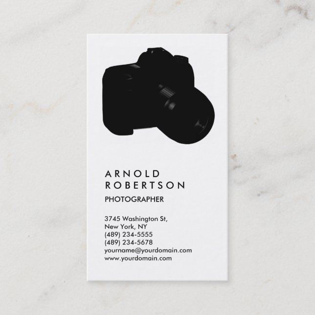 Vertical Black White Trendy Photography Business Card (Front)
