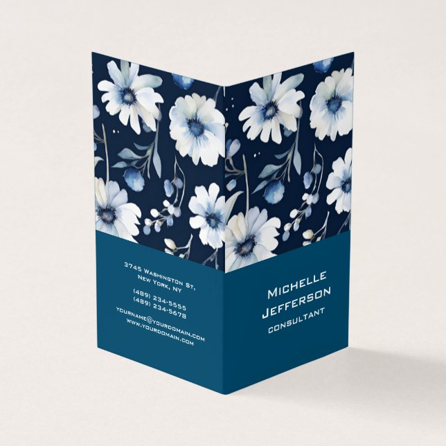 Vertical Blue Floral Modern Stylish Trendy Business Card (Outside)