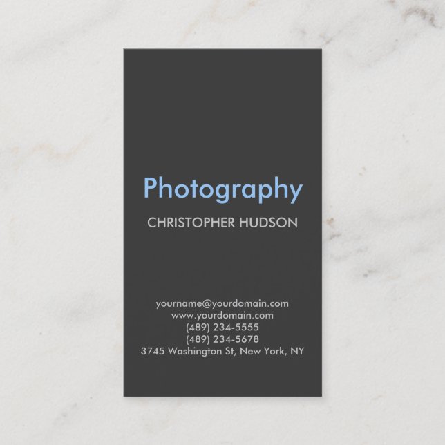 Vertical Blue Grey Plain Photography Business Card (Front)