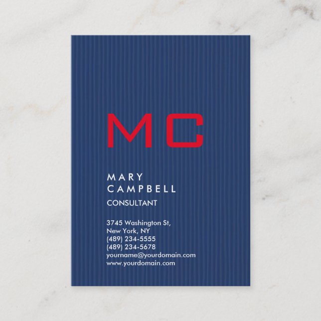 Vertical Blue Red Trendy Monogram Business Card (Front)