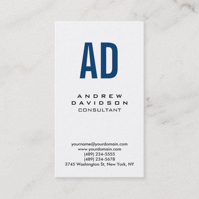 Vertical Blue White Monogram Business Card (Front)