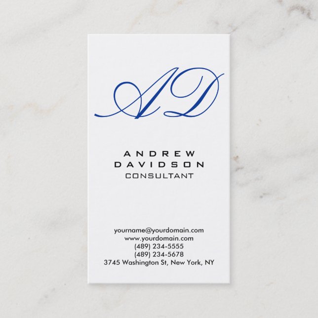 Vertical Blue White Script Monogram Business Card (Front)