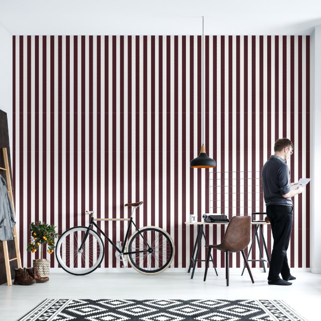 Vertical Burnt Burgundy and White Striped Pattern Wallpaper (Living Room)