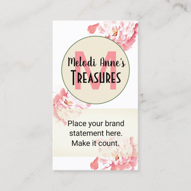 Vertical Business Card Pink Peonies w/Logo (Front)