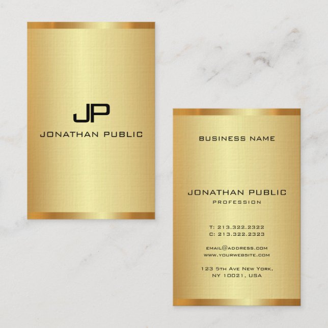 Vertical Business Cards Monogram Elegant Faux Gold (Front/Back)