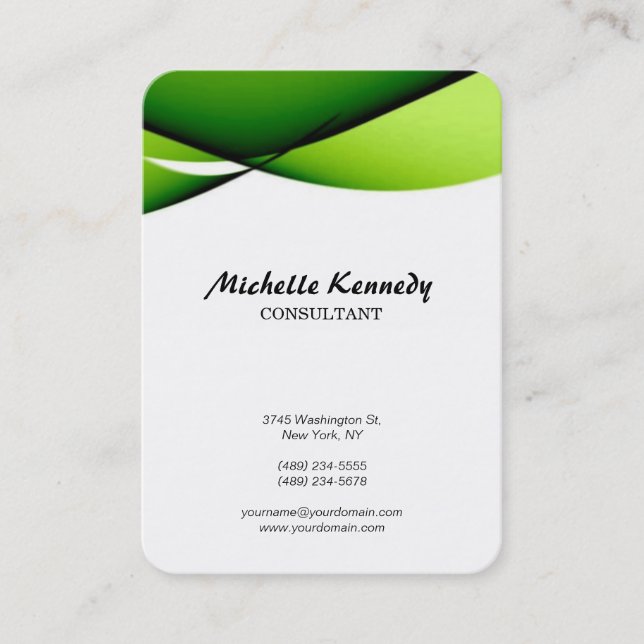 Vertical Chubby Abstract Curves Green White Script Business Card (Front)
