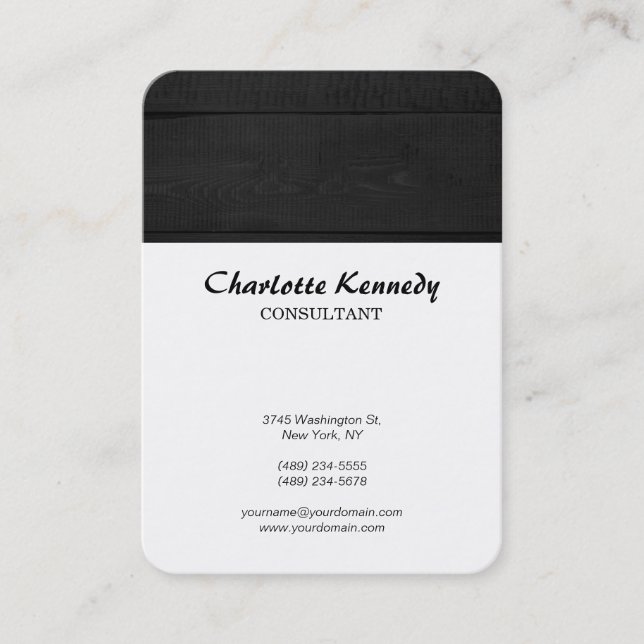 Vertical Chubby Minimalist Grey Wood White Script Business Card (Front)