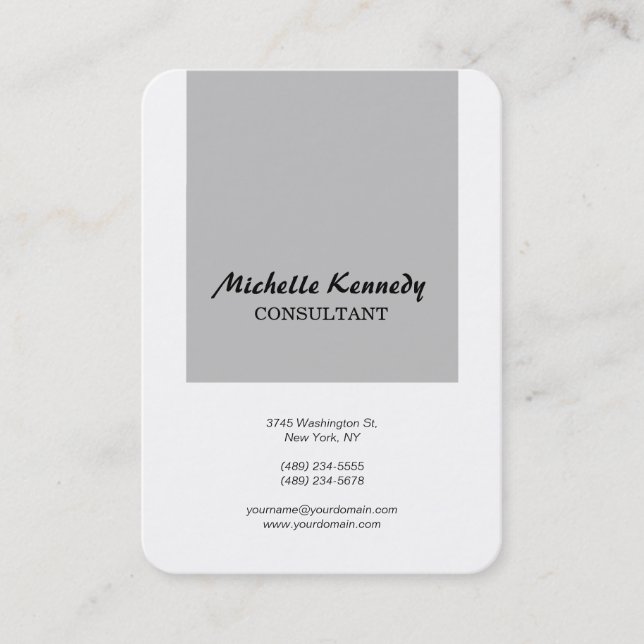 Vertical Chubby Modern Simple Grey White Script Business Card (Front)