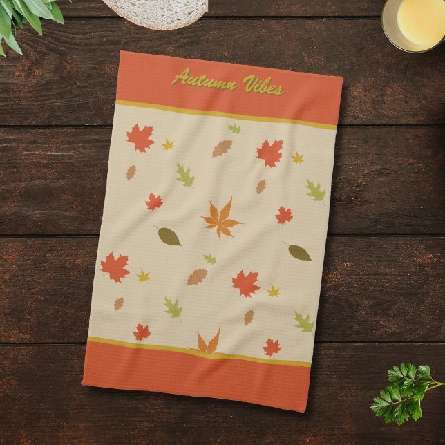 Vertical Colourful Autumn Leaves custom text Tea Towel (Creator Uploaded)