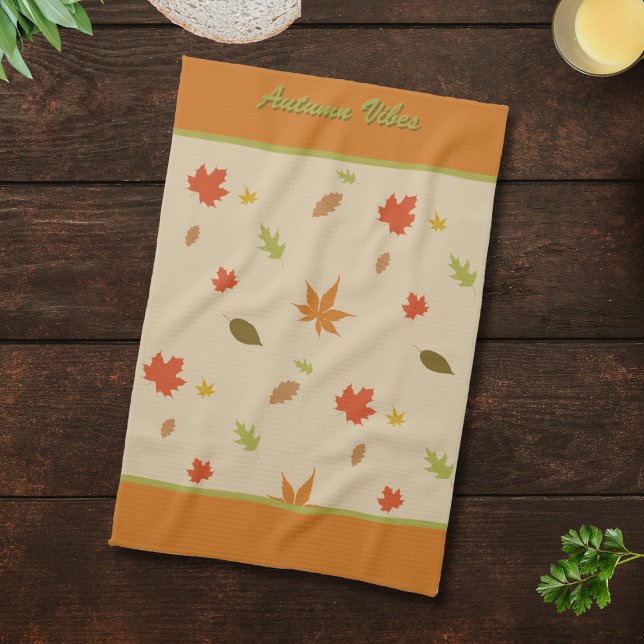 Vertical Colourful Autumn Leaves custom text Tea Towel (Creator Uploaded)